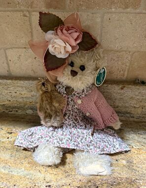 Bearington Collection Daisy & Belle Plush Bear Floral Dress Pink Cardigan NWT